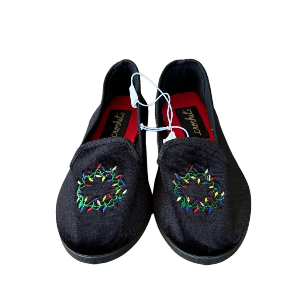 Crochet New Womens Black Christmas Wreath Slip On Flats Casual Comfort Size 6 - Picture 2 of 7